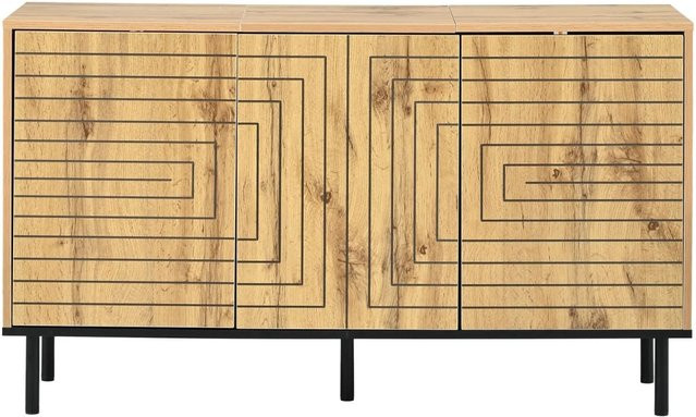 Merax Sideboard Modern in Braun mit Wellenmuster und 3 Türen, B/T/H: 120 x 35 x 68 cm - Bild 1