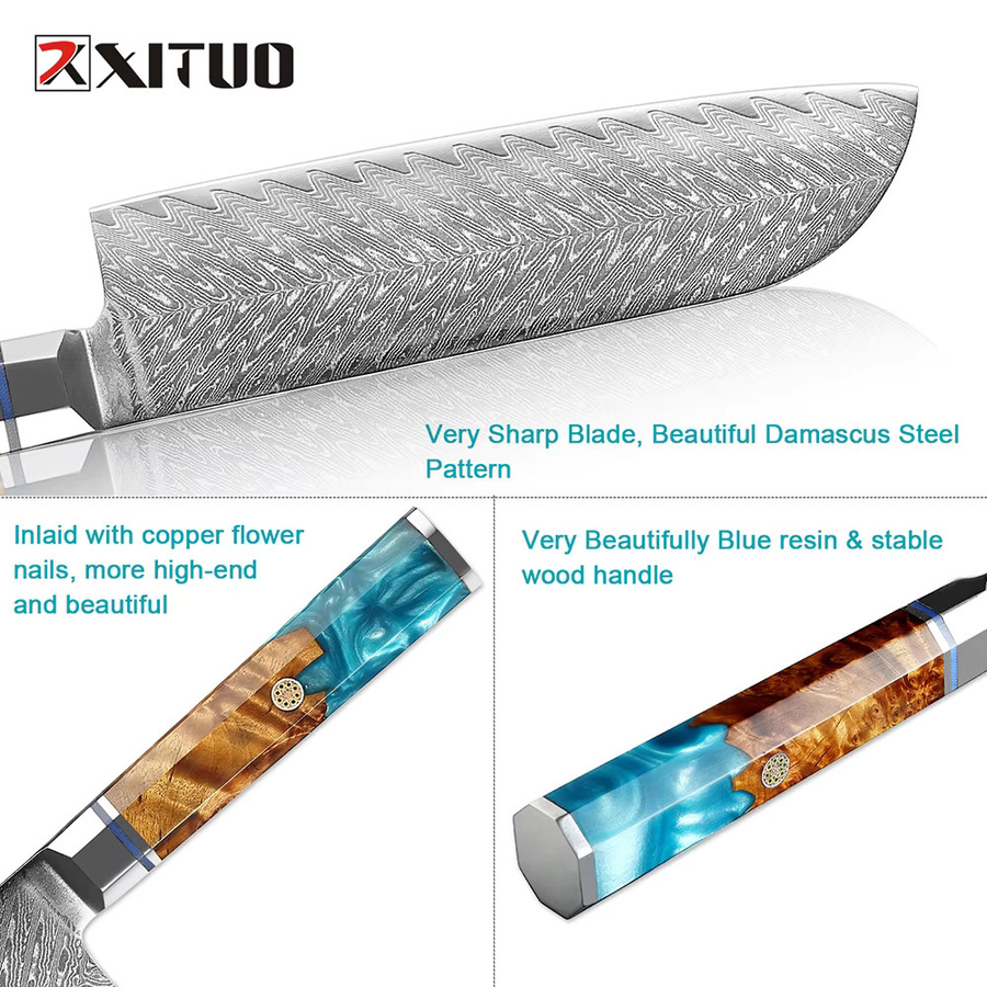 XITUO Santoku-Messer aus Damaszener Stahl mit Holzgriff, 17,78 cm, Mehrfarbig - Bild 3