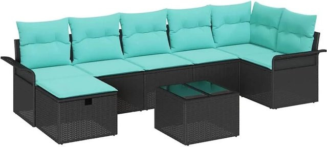 vidaXL Gartensofa-Set aus Poly-Rattan in Schwarz und Türkis mit 8 Kissen und Stauraum - Bild 1