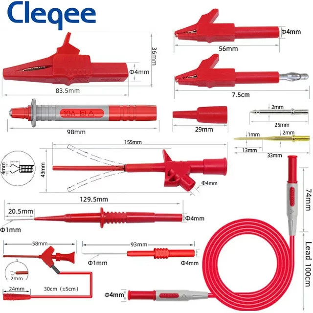Cleqee 35-teiliges Multimeter Test Set mit Bananensteckern, Testhaken, Alligator Clips und Piercing-Sonden in Rot - Bild 1