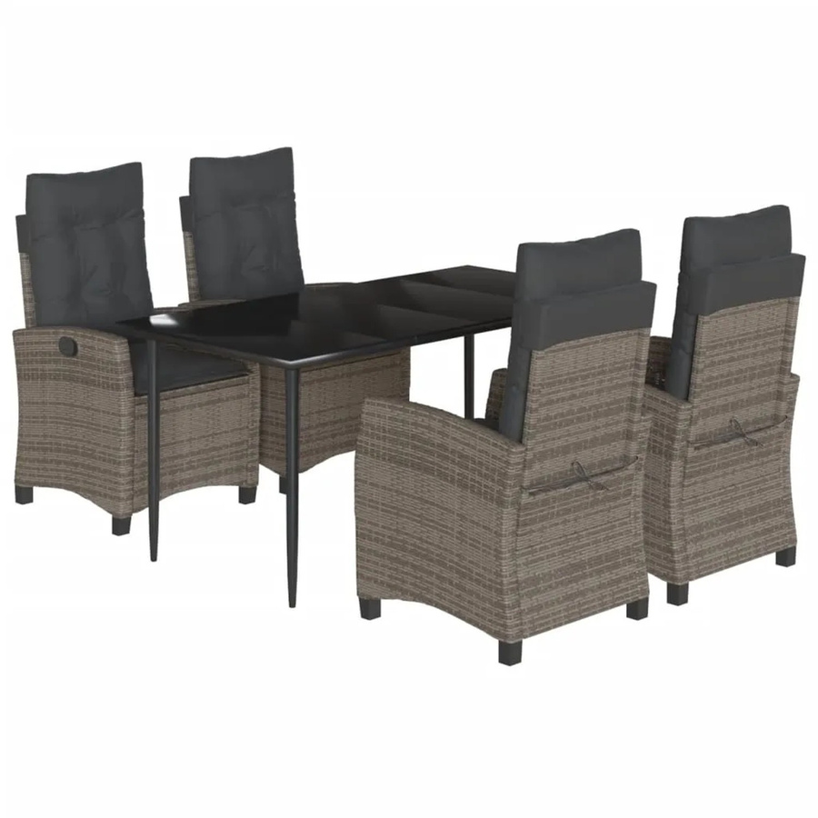 vidaXL 5-teilige Garten-Essgruppe aus Poly-Rattan mit Kissen in Grau und Tisch mit gehärtetem Glas - Bild 2