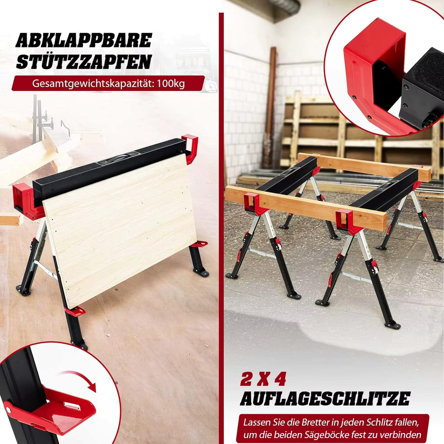 GOFLAME Arbeitsständer Set 2 Stück, höhenverstellbare Sägeböcke mit rutschfestem PVC-Oberteil, rot-schwarz, maximale Belastbarkeit 1180 kg - Bild 4