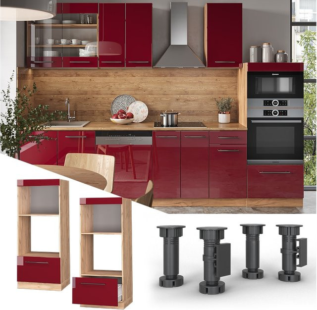 Vicco Mikrowellenschrank Fame-Line Küchenschrank in Bordeaux Hochglanz und Eiche Rot mit Schublade und Softclose-Scharnieren B/T/H: 60 x 58 x 153,6 cm - Bild 3