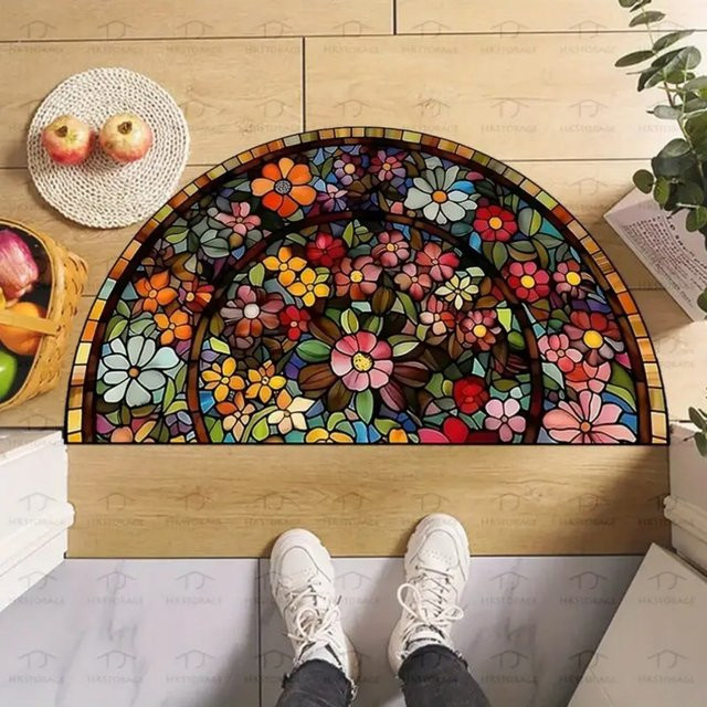 VIKAMA Halbmond-Willkommensmatte mit Mandala-Blumenmuster in Multicolour, waschbare Boho-Fußmatte aus Polyester, B/T: 60 x 40 cm - Bild 1