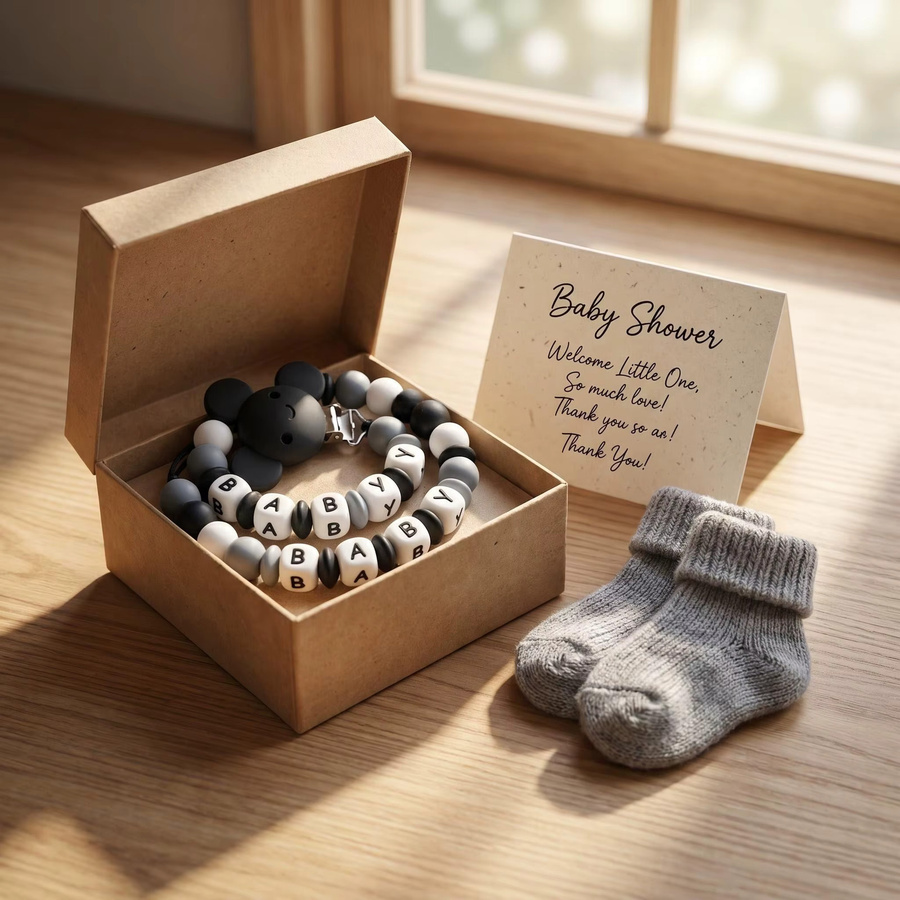 Personalisierte Baby Schnuller Kette aus Silikon mit Gravur von Panplay als Beißring und Halter für Neugeborene - Bild 2