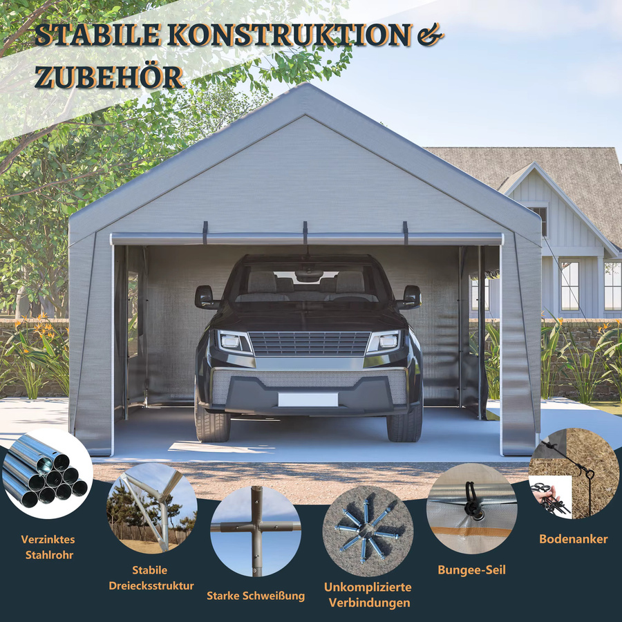THANADDO Carport-Garagenzelt Allwetter-Unterstand mit Aufrolltüren und Netzfenstern, Grau, B/T/H: 396,2 x 325,0 x 300,0 cm - Bild 4