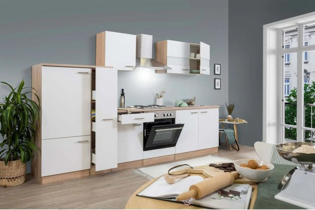 Respekta Küchenzeile ohne E-Geräte in Weiß-Eiche Sägerau mit Glastüren und Soft-Close-Funktion, Breite: 300 cm, Höhe: 182 cm, Tiefe: 55,5 cm - Bild 1