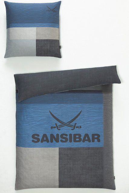 Sansibar Bettwäsche aus Mako-Satin mit grafischem Nature-Design in Blau, Set bestehend aus Bettbezug und Kissenbezug, B/H: 135 x 200 cm und 80 x 80 cm - Bild 1