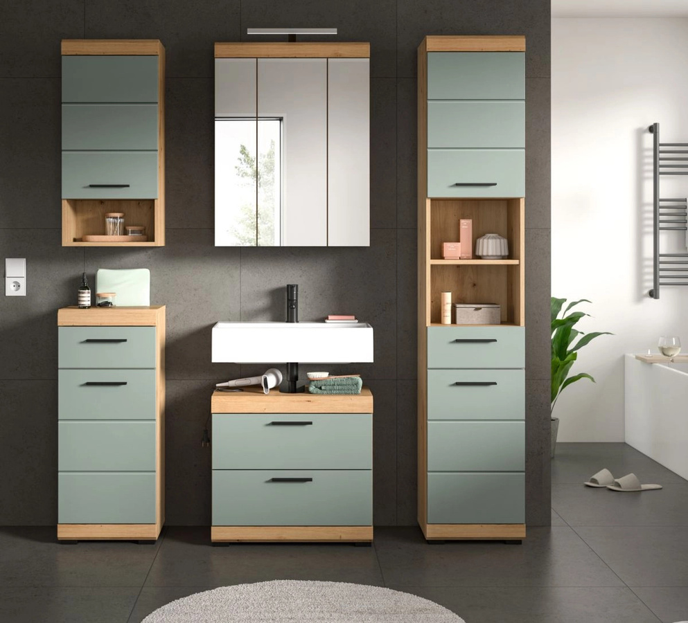 Inn.Furn Badmöbel Set Shawn 5-teilig in Grün und Eiche mit LED-Beleuchtung, Breite: 164 cm - Bild 3