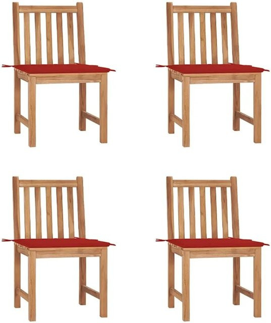 vidaXL Gartenstuhl-Set 4er Pack aus Teak Massivholz mit Kissen in Braun und Rot - Bild 1