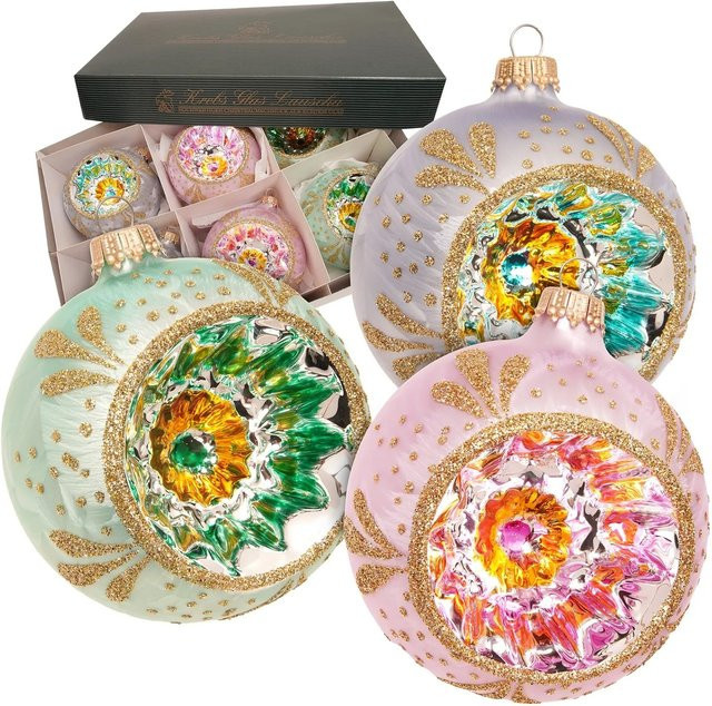 Krebs Glas Lauscha Weihnachtskugeln Set Reflexe Pastell Mehrfarbig mit Blumenmuster, Durchmesser: 8 cm - Bild 1