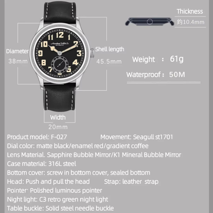 Hruodland Armbanduhr, Automatik, Edelstahl, Saphirglas, Leder, Herren, Schwarz - Bild 2