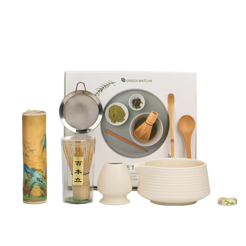 bespritgift Matcha-Set Premium 8-teiliges Keramik-Teezubehör in Pink und Weiß für die Matcha-Zeremonie - Bild 3