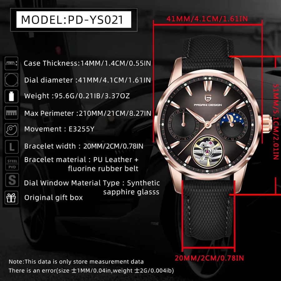 PAGANI DESIGN Armbanduhr, Herren, Edelstahl, Leder, Mondphase, Tourbillon - Bild 4