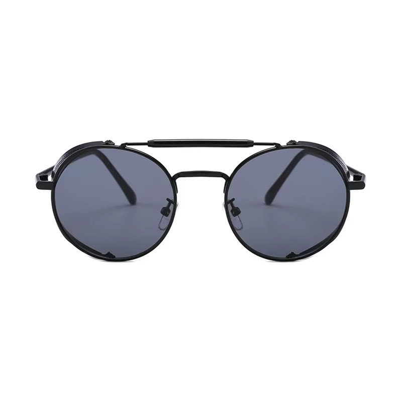 VEGA Runde Steampunk-Sonnenbrille, Vollrand, Metall, Schwarz, Unisex - Bild 2