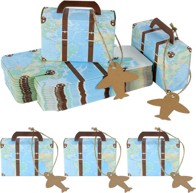 ZQCXLD Weltkarte Mini Gepäck Candy Boxen mit Flugzeug Label für Geburtstag und Party, Blau, 5 oder 10 Stück - Bild 1