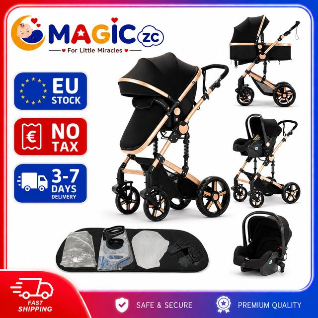 Prokoke 3-in-1 Baby-Kombikinderwagen Reisesystem mit Babyschale, Babywanne und Sport-Sitz in Grau-Schwarz mit Aluminiumrahmen und Stoßdämpfung - Bild 1