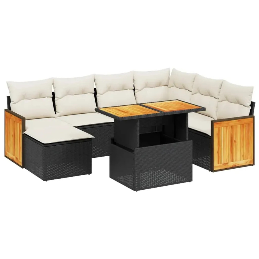 vidaXL 8-teilige Garten-Sofagarnitur aus Poly-Rattan und Akazienholz in Schwarz mit cremeweißen Kissen - Bild 2