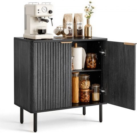VEVOR Coffee Bar Cabinet im Mid-Century Stil mit Fluted-Design und 2 Ablageflächen, Buffet-Schrank mit Barn Door für Wohnzimmer und Eingangsbereich, Schwarz-Gold, B/T/H: 80 x 37,5 x 80 cm - Bild 1