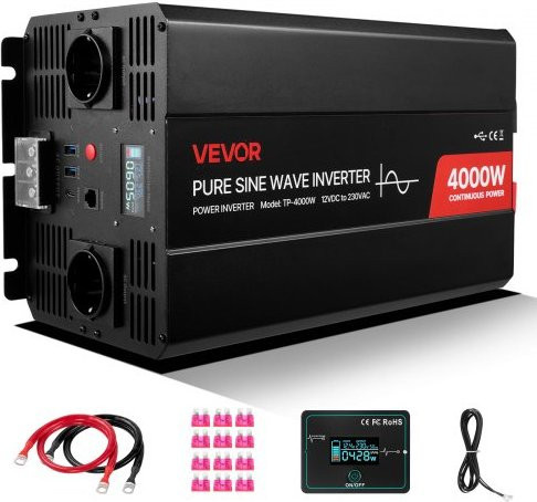 VEVOR 4000W Wechselrichter 12V DC auf 230V AC reiner Sinus mit LCD-Display, Fernbedienung, 2 USB-Anschlüssen, Typ-C-Port und 2 AC-Steckdosen, Schwarz - Bild 1