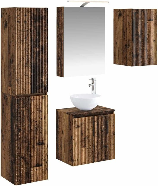 vidaXL Badezimmerschrank-Set aus Altholz in Braun, 5-teilig mit LED-Beleuchtung und Waschtischunterschrank, B/T/H: 50 x 14,5 x 70 cm - Bild 1