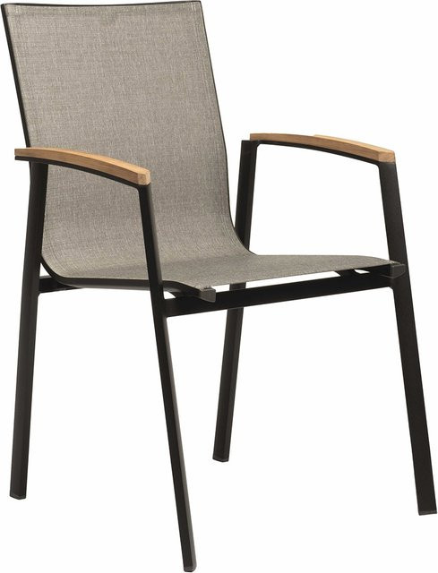 Stern Stapelsessel New Top aus Aluminium in Schwarz Matt mit Textilbezug in Grau und Teakarmlehnen - Bild 1
