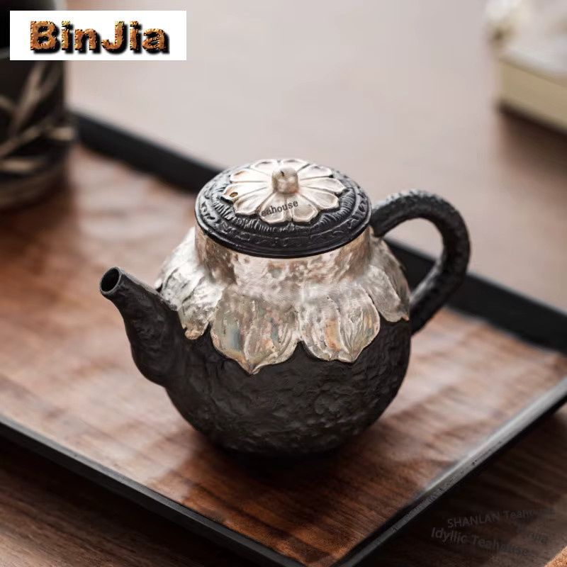 BinJia Keramik-Teekanne im chinesischen Stil aus Ton, Schwarz-Lila mit Silberakzenten, 200 ml - Bild 5
