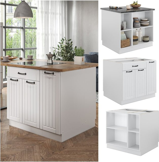Vicco Kücheninsel Fame-Line Landhaus Weiß, Küchenblock mit Schubladen und Softclose-Scharnieren, Breite: 90 cm - Bild 1