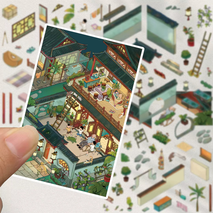 4er Set Aufkleber im chinesischen Stil mit Landschaftsmotiven für Scrapbooking und Schreibwaren, Mehrfarbig - Bild 2