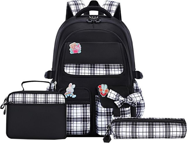 Fancy Style Studio Schulrucksack Set für Mädchen mit Karomuster und Schleifen, 3-teilig, Schwarz - Bild 1