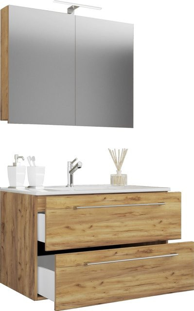 VCM Badmöbel Set Badinos 3-tlg. Waschplatz mit Spiegelschrank und Unterschrank in Eiche Honig, B/H/T: 81 x 52 x 46 cm - Bild 1