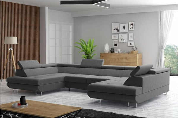 M-Punkt U-Form Wohnlandschaft als Schlafsofa in Grau mit Bettfunktion, Bettkasten und verstellbarer Kopfteilfunktion aus Webstoff
