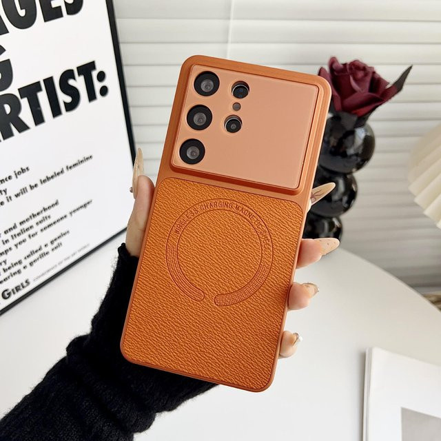 Samsung Magnetische Hartschalen-Handyhülle mit Lederstruktur für S26 Ultra, S25 Plus, S24 FE und S25 Ultra in Orange - Bild 1