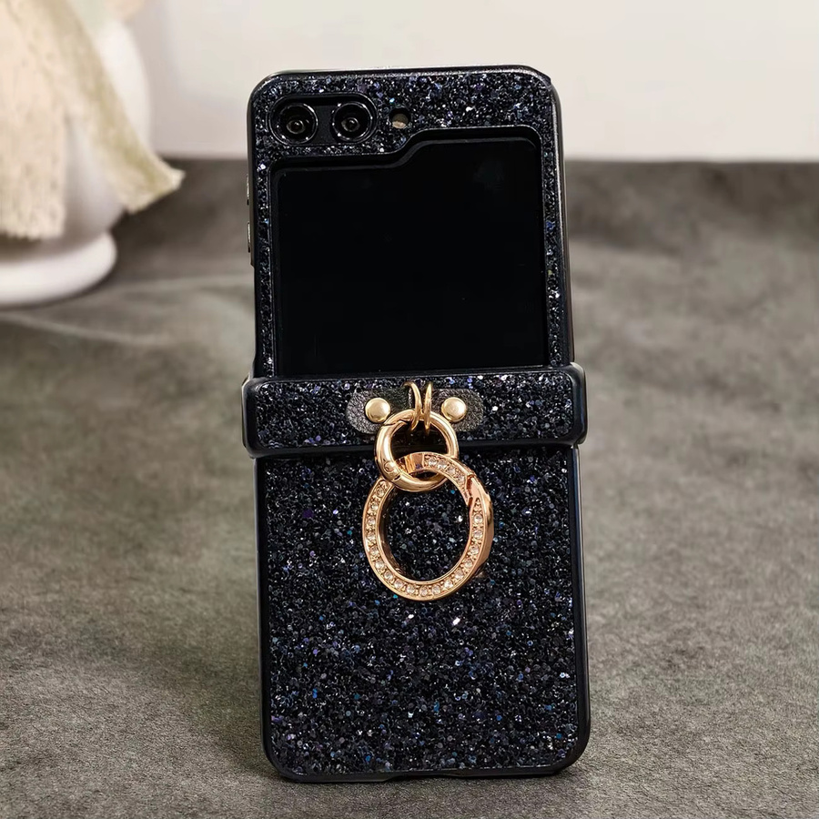 Glänzende Diamant-Strass-Glitzer-Hülle mit Ring-Schnalle für Samsung Galaxy Z Flip 3 4 5 6 7 8, 3-teilige Rückabdeckung, Schwarz - Bild 3
