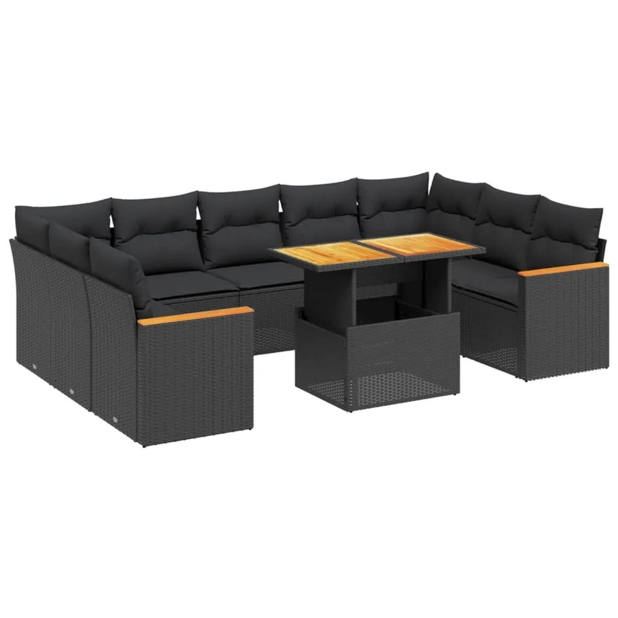 vidaXL 11-teilige Garten-Sofagarnitur in L-Form aus Polyrattan und Akazienholz mit Kissen in Schwarz - Bild 2