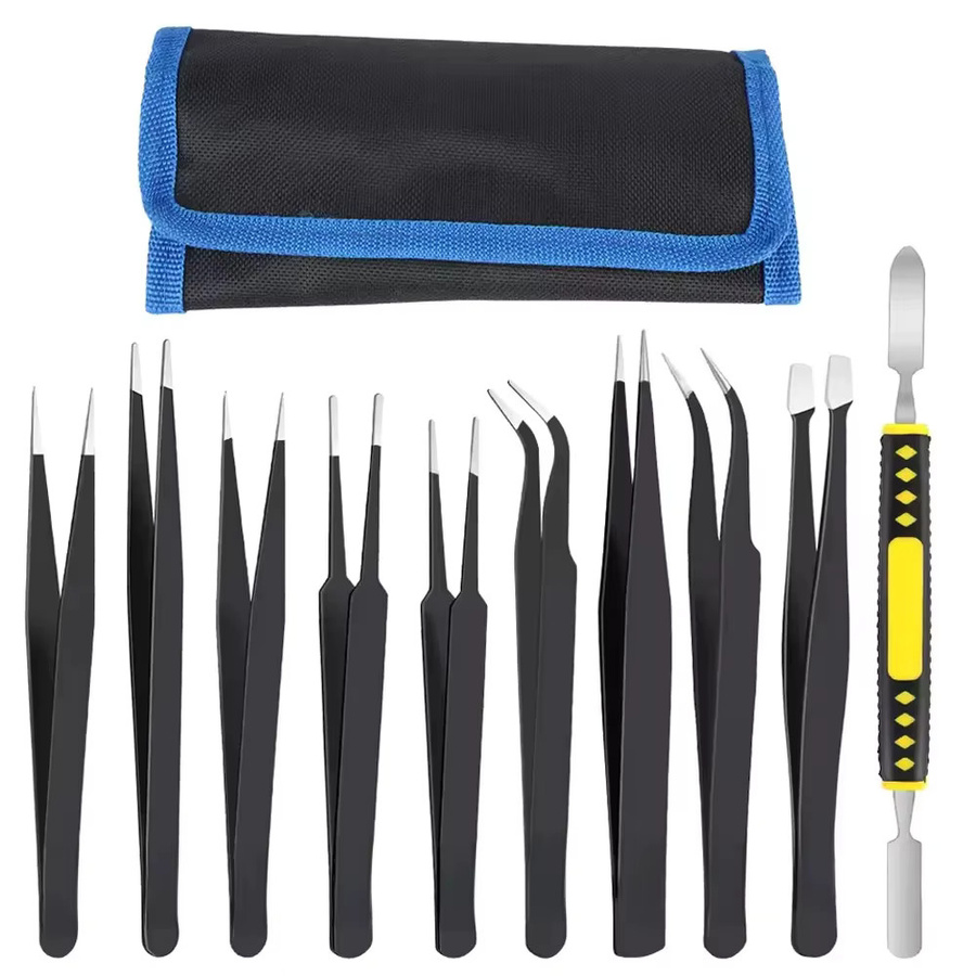 NEWBEAT 10-teiliges ESD Präzisions-Pinzettenset aus Edelstahl in Schwarz mit gebogenen und geraden Spitzen für industrielle Reparaturen - Bild 6