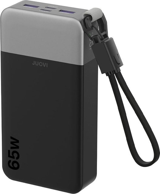 JUOVI Tragbares Ladegerät 65W 20000mAh Powerbank mit integriertem USB-C-Kabel in Schwarz für Laptop, MacBook und Smartphones - Bild 1