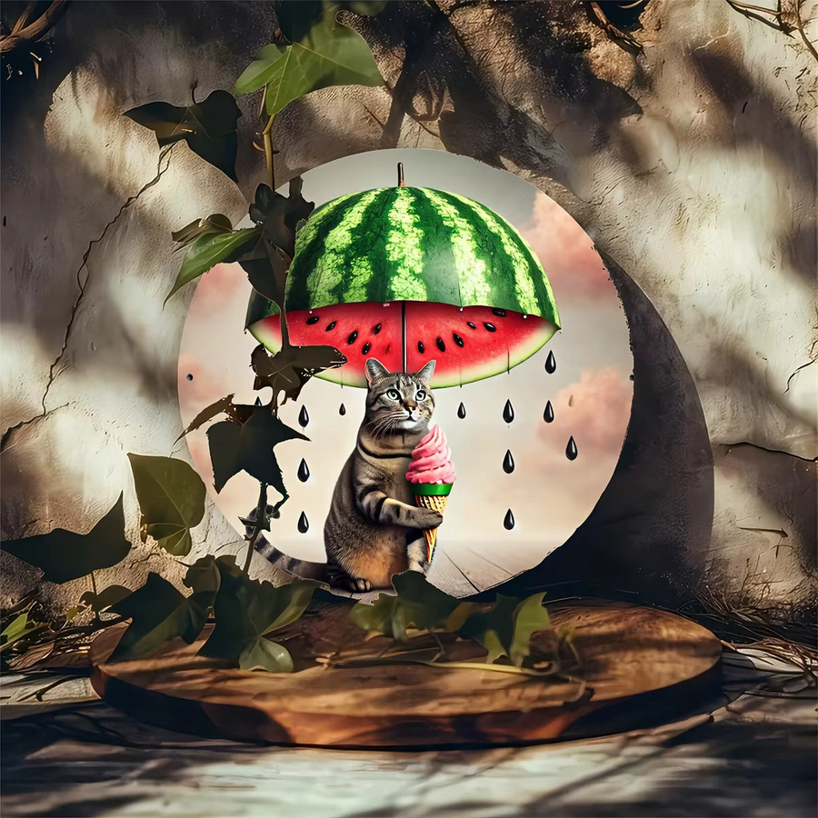 Potdemiel Metallschild Katzen und Wassermelonen-Regenschirm Dekoration, B/H: 20 x 20 cm, Mehrfarbig - Bild 4