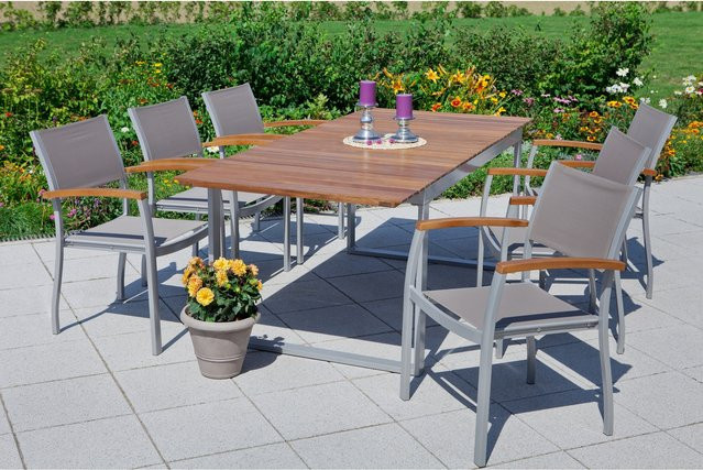 Merxx Naxos Gartenmöbel Set aus Aluminium, Textil und Akazienholz in Grau mit Ausziehtisch und 7 Sitzplätzen - Bild 3