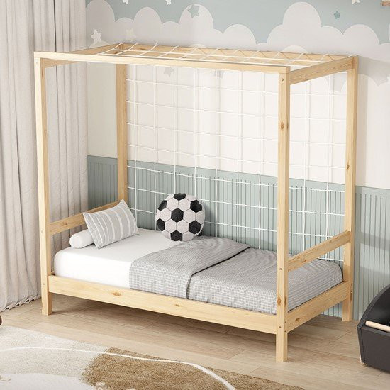 ML-Design Kinderbett Fußballtor aus Kiefernholz mit Tornetz und Lattenrost, Natur, B/T/H: 70 x 140 x 76 cm - Bild 1