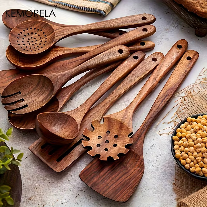 10-teiliges KEMORELA Kochutensilien-Set aus Naturholz in Braun mit Kochlöffel und Schöpflöffel für Salat, Suppe und Nudeln - Bild 2