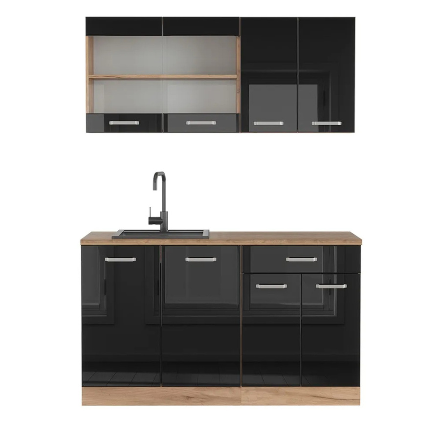 Vicco R-Line Singleküche Schwarz Hochglanz und Goldkraft Eiche, Breite: 140 cm - Bild 2