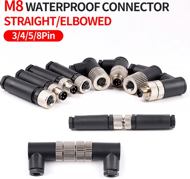 Wasserdichter M8 Sensorstecker Satz mit Schraubengewinde-Kupplung, männlich und weiblich, in Schwarz, erhältlich als 3-polige, 4-polige oder 5-polige Ausführung - Bild 1