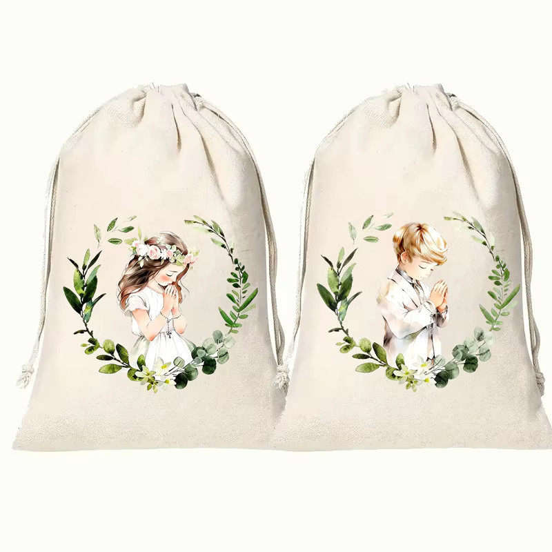 5 Stück beige Gastgeschenktüten aus Papier mit Kranz- und Bibel-Motiv für Taufe, Erstkommunion und religiöse Anlässe - Bild 2