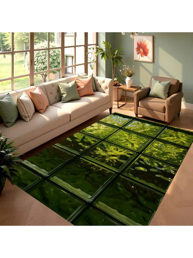 Dekorativer Teppich im Landhausstil mit floralem Fenster- und Mosaikglas-Muster in Grün für Wohnzimmer und Schlafzimmer - Bild 2