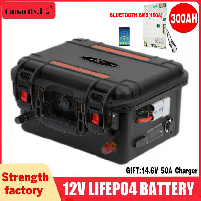 Wiederaufladbare 12V 100Ah LiFePO4 Lithium Batterie mit Bluetooth BMS in Schwarz für Camping, Solar und Boot - Bild 1