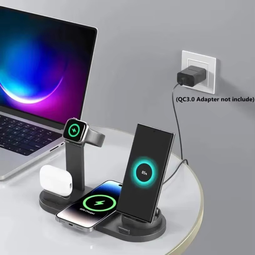 XIKCU 7-in-1 kabelloses Ladegerät mit Ständer für iPhone 12 bis 17, Apple Watch und AirPods, Schnellladestation in Schwarz - Bild 4