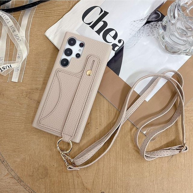 Beige Crossbody Handyhülle mit Handschlaufe und Kartenhalter für Samsung Galaxy S23 S22 Ultra Plus A13 A33 A54 A14 A24 A34 4G 5G - Bild 1