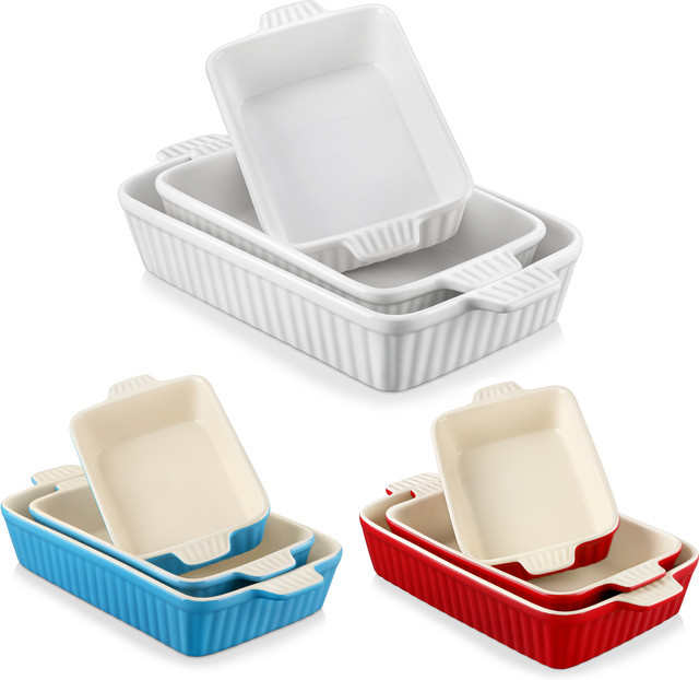 Malacasa 3-teiliges Backgeschirr-Set aus Porzellan und Keramik, rechteckige tiefe Backformen mit Griffen, Blau oder Weiß - Bild 1