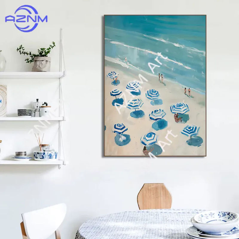 KAYOU Vintage Leinwandbild in Blau mit maritimem Segelboot, Muscheln und floralen Hortensien als Wandkunst für dein Zuhause - Bild 3
